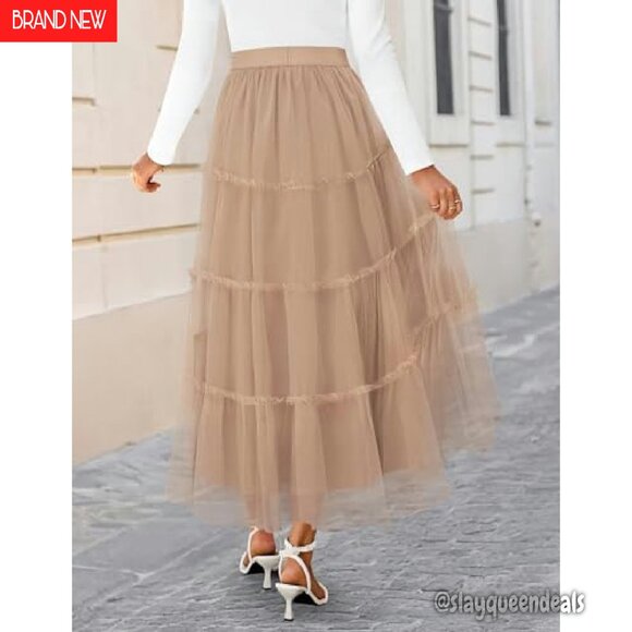Tulle Maxi Skirt A-Line Flowy Ruffle Tiered Elastic High Waist Midi Long - Picture 4 of 8
